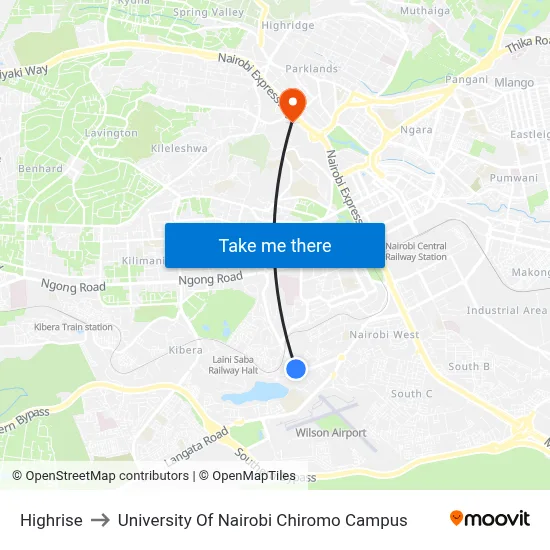 Highrise to University Of Nairobi Chiromo Campus map