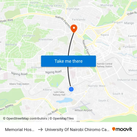 Memorial Hospital to University Of Nairobi Chiromo Campus map
