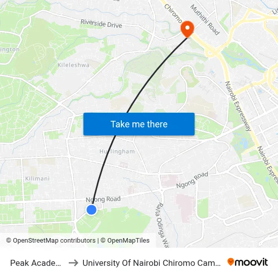 Peak Academy to University Of Nairobi Chiromo Campus map