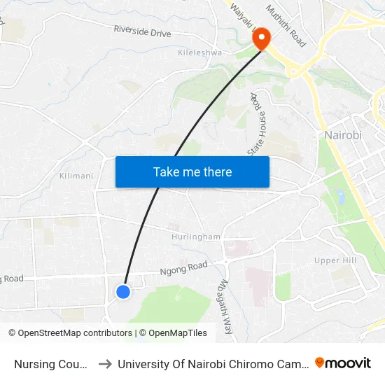 Nursing Council to University Of Nairobi Chiromo Campus map