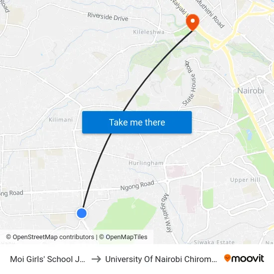 Moi Girls' School Junction to University Of Nairobi Chiromo Campus map