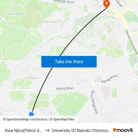 Kwa Njiru(Petrol Station) to University Of Nairobi Chiromo Campus map