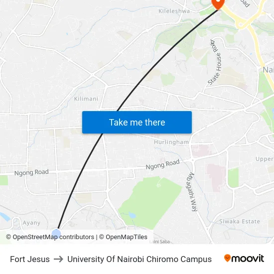 Fort Jesus to University Of Nairobi Chiromo Campus map