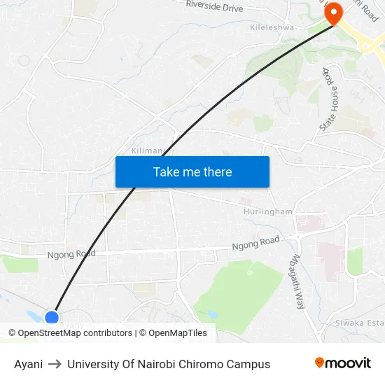 Ayani to University Of Nairobi Chiromo Campus map