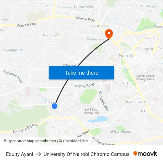 Equity Ayani to University Of Nairobi Chiromo Campus map