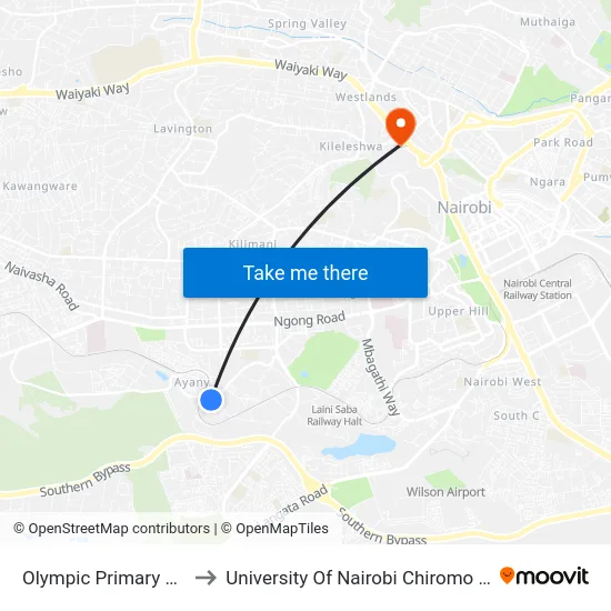 Olympic Primary School to University Of Nairobi Chiromo Campus map