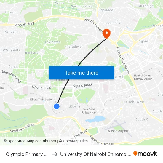 Olympic Primary School to University Of Nairobi Chiromo Campus map