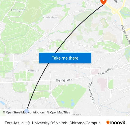 Fort Jesus to University Of Nairobi Chiromo Campus map