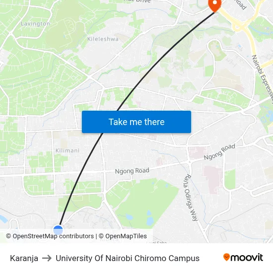 Karanja to University Of Nairobi Chiromo Campus map