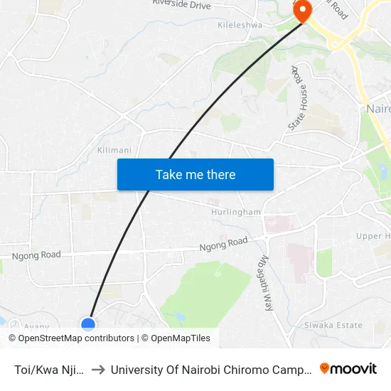 Toi/Kwa Njiru to University Of Nairobi Chiromo Campus map