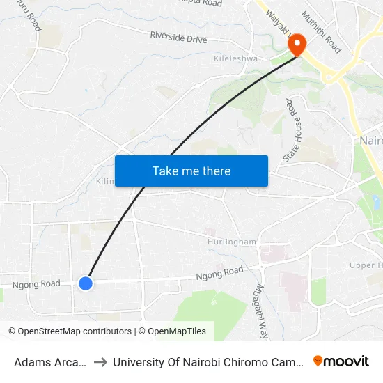 Adams Arcade to University Of Nairobi Chiromo Campus map