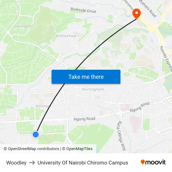 Woodley to University Of Nairobi Chiromo Campus map