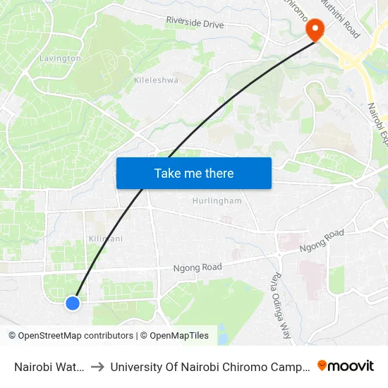 Nairobi Water to University Of Nairobi Chiromo Campus map