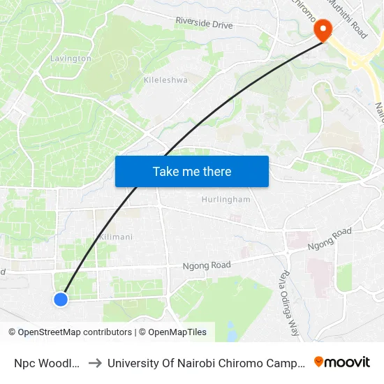 Npc Woodley to University Of Nairobi Chiromo Campus map
