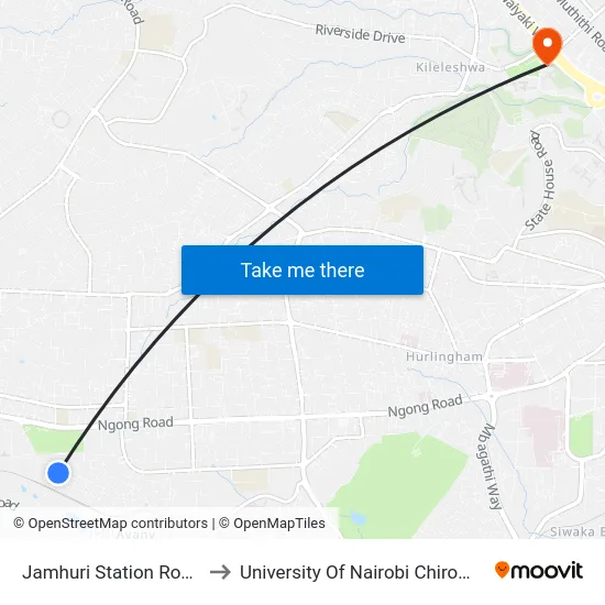 Jamhuri Station Road Stage to University Of Nairobi Chiromo Campus map