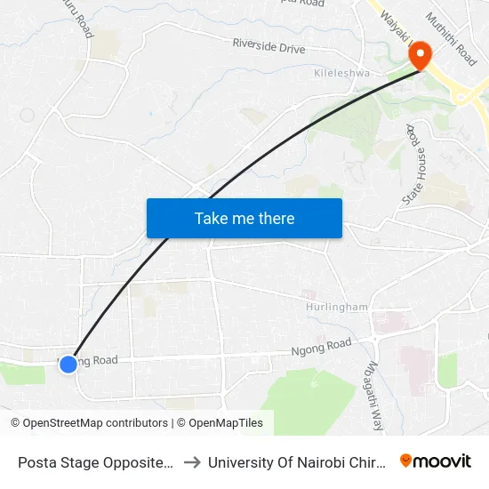 Posta Stage Opposite Ligi Ndogo to University Of Nairobi Chiromo Campus map