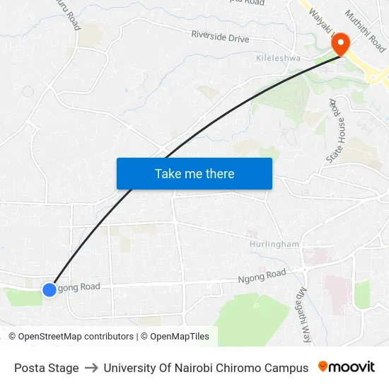 Posta Stage to University Of Nairobi Chiromo Campus map
