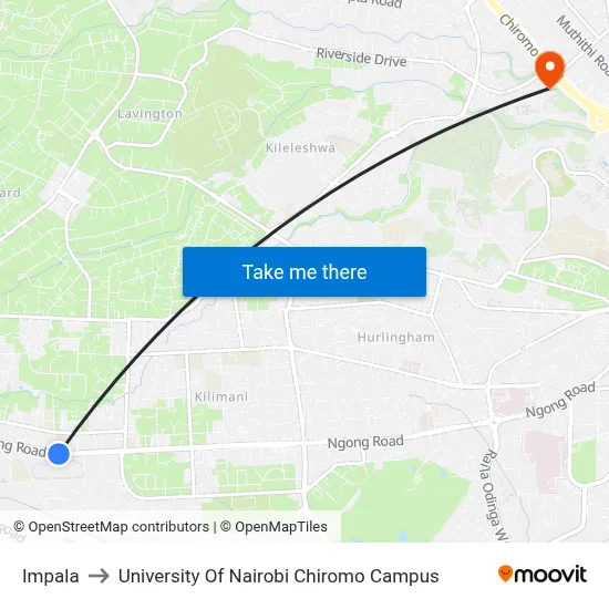 Impala to University Of Nairobi Chiromo Campus map