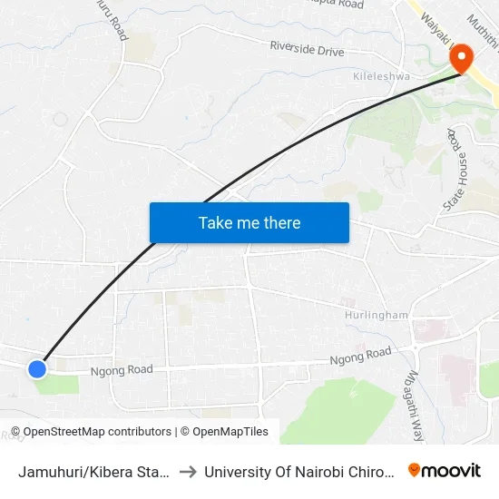 Jamuhuri/Kibera Station Road to University Of Nairobi Chiromo Campus map