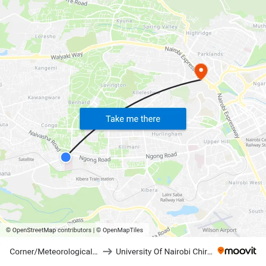 Corner/Meteorological Department to University Of Nairobi Chiromo Campus map