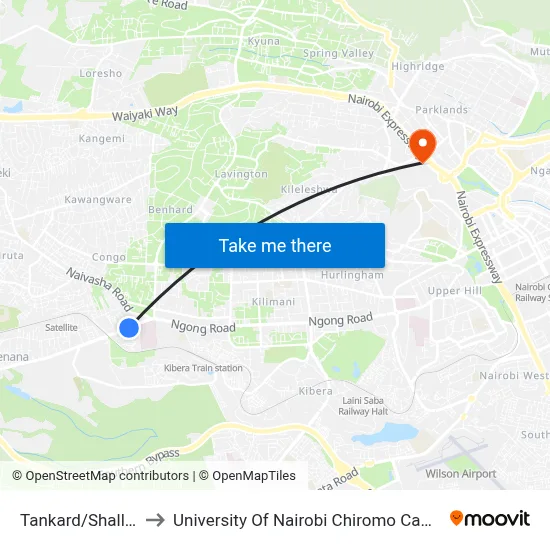 Tankard/Shallow to University Of Nairobi Chiromo Campus map