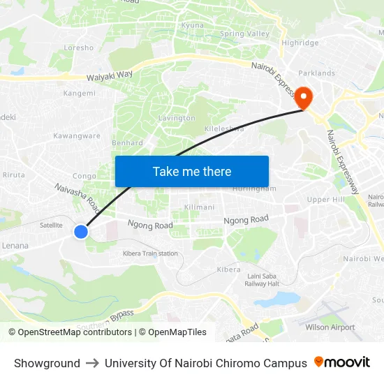 Showground to University Of Nairobi Chiromo Campus map