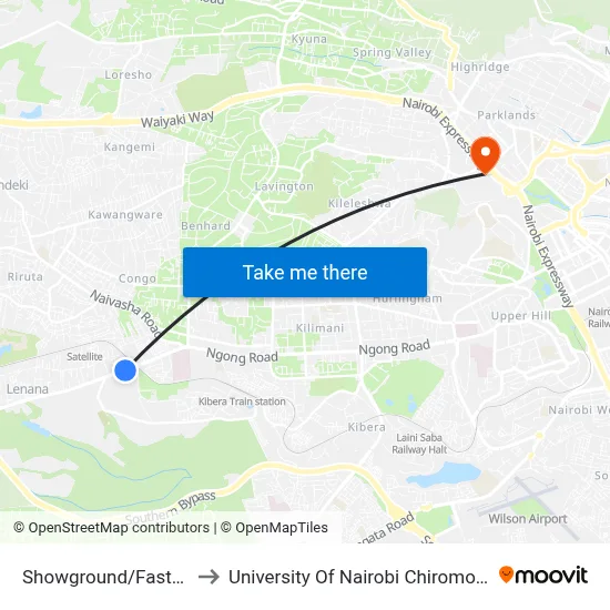 Showground/Fastenergy to University Of Nairobi Chiromo Campus map