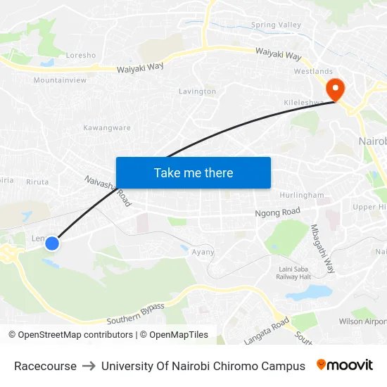 Racecourse to University Of Nairobi Chiromo Campus map