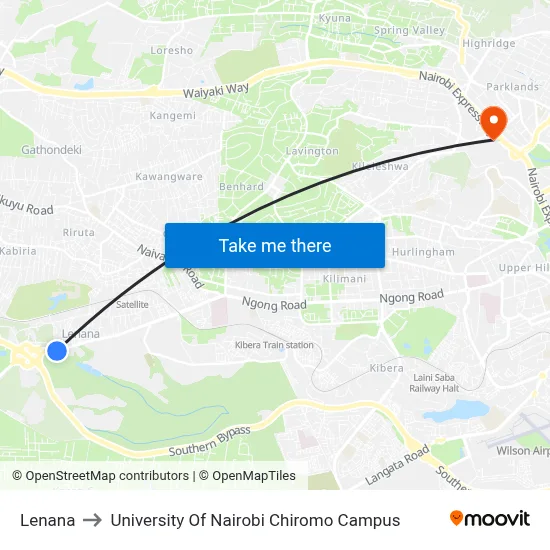 Lenana to University Of Nairobi Chiromo Campus map