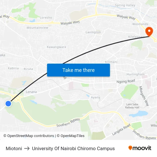 Miotoni to University Of Nairobi Chiromo Campus map