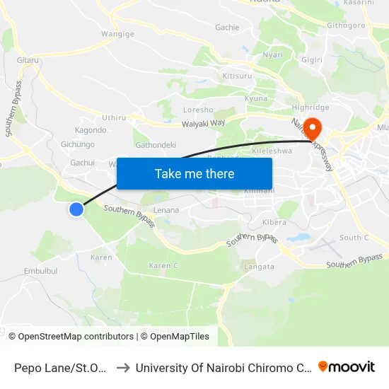 Pepo Lane/St.Odillas to University Of Nairobi Chiromo Campus map