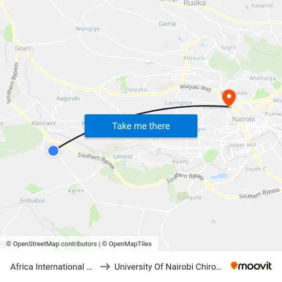 Africa International University to University Of Nairobi Chiromo Campus map