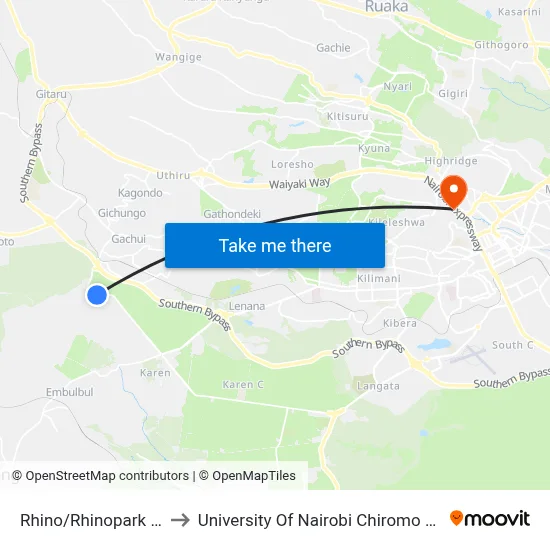 Rhino/Rhinopark Road to University Of Nairobi Chiromo Campus map