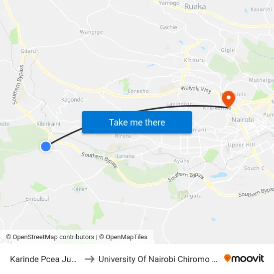 Karinde Pcea Junction to University Of Nairobi Chiromo Campus map
