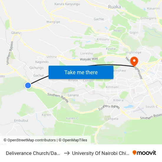 Deliverance Church/Dagoretti Market to University Of Nairobi Chiromo Campus map