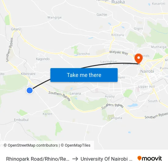 Rhinopark Road/Rhino/Resurrection Gardens to University Of Nairobi Chiromo Campus map