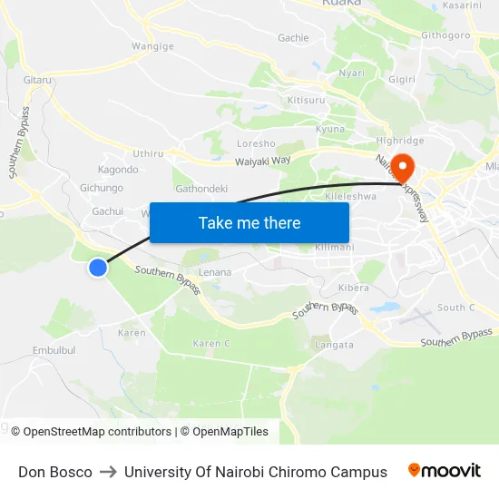 Don Bosco to University Of Nairobi Chiromo Campus map