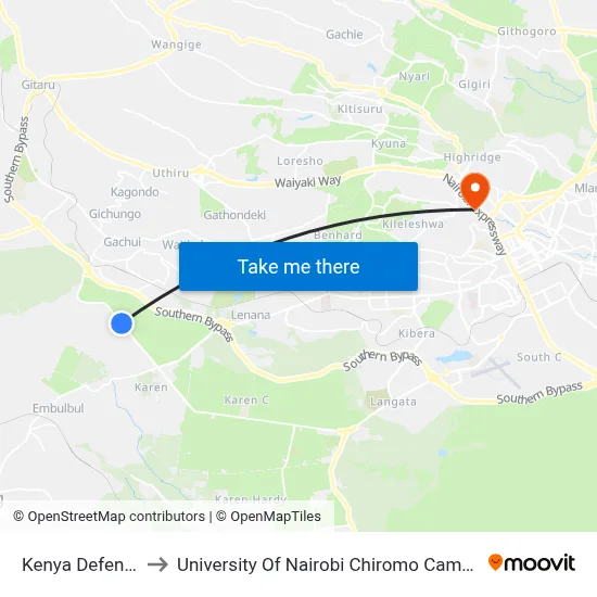 Kenya Defense to University Of Nairobi Chiromo Campus map