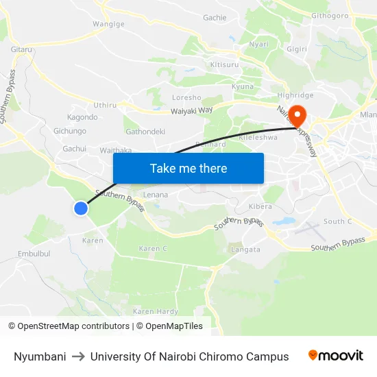 Nyumbani to University Of Nairobi Chiromo Campus map
