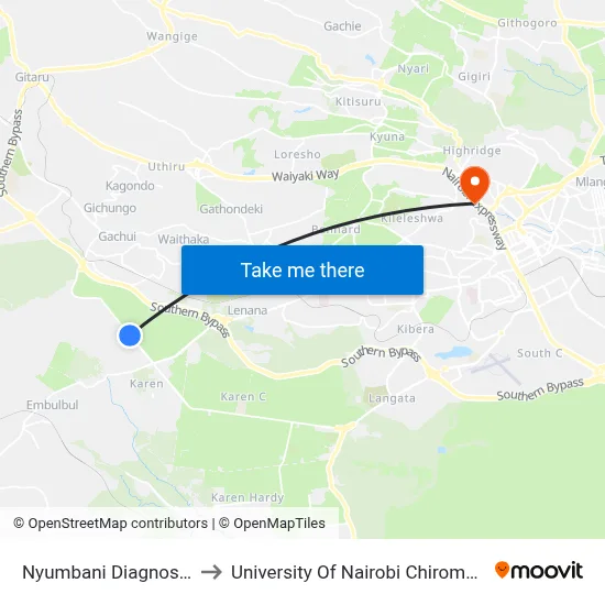 Nyumbani Diagnostic Lab to University Of Nairobi Chiromo Campus map