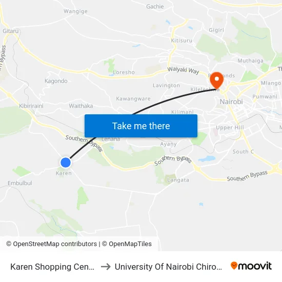 Karen Shopping Centre/Karen to University Of Nairobi Chiromo Campus map