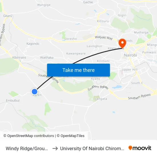 Windy Ridge/Group Africa to University Of Nairobi Chiromo Campus map