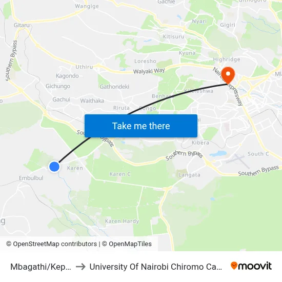 Mbagathi/Kephis to University Of Nairobi Chiromo Campus map