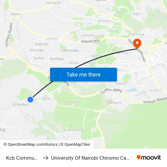 Kcb Community to University Of Nairobi Chiromo Campus map