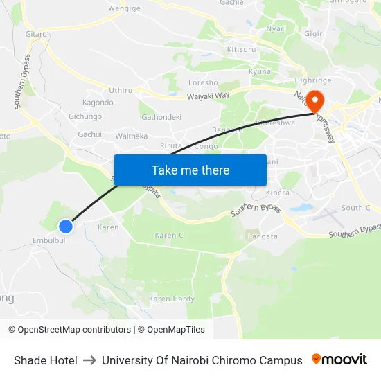 Shade Hotel to University Of Nairobi Chiromo Campus map