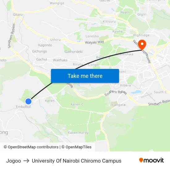 Jogoo to University Of Nairobi Chiromo Campus map