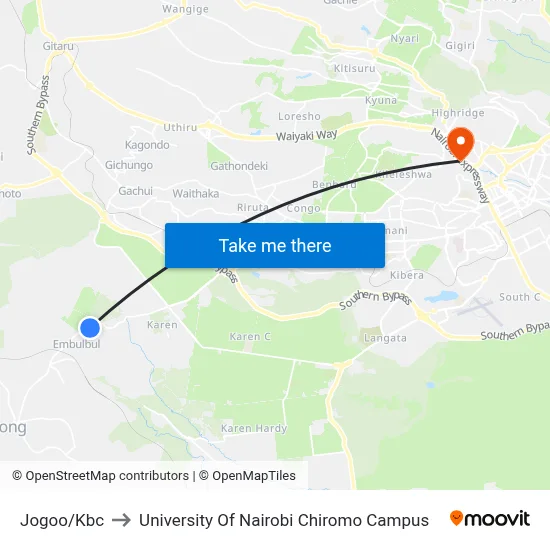 Jogoo/Kbc to University Of Nairobi Chiromo Campus map