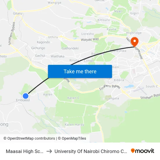 Maasai High School to University Of Nairobi Chiromo Campus map