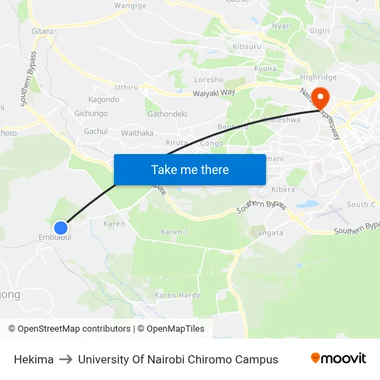 Hekima to University Of Nairobi Chiromo Campus map