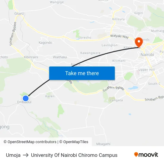 Umoja to University Of Nairobi Chiromo Campus map